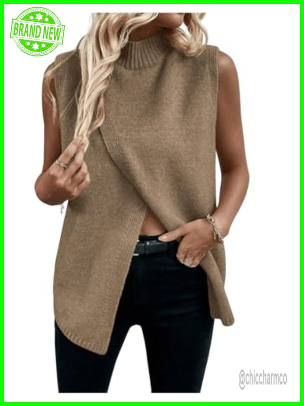Womens Mock Neck Sleeveless Knit Sweater Vest Asymmetrical Hem Office